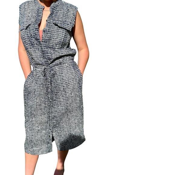 Ann Taylor vintage M Linen/Rayon blend Sleeveless draw string waist white/navy - Picture 2 of 4